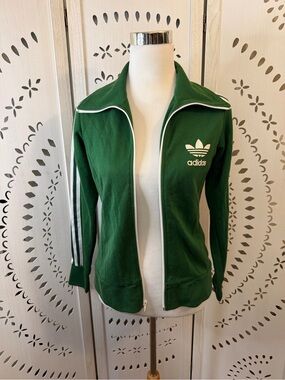 Y2K Adidas Trefoil Track Jacket Green White Stripes Fitted Zip Up